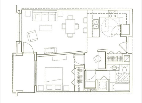 Floor plan for 1 bed, 1 bath, 728 sqft